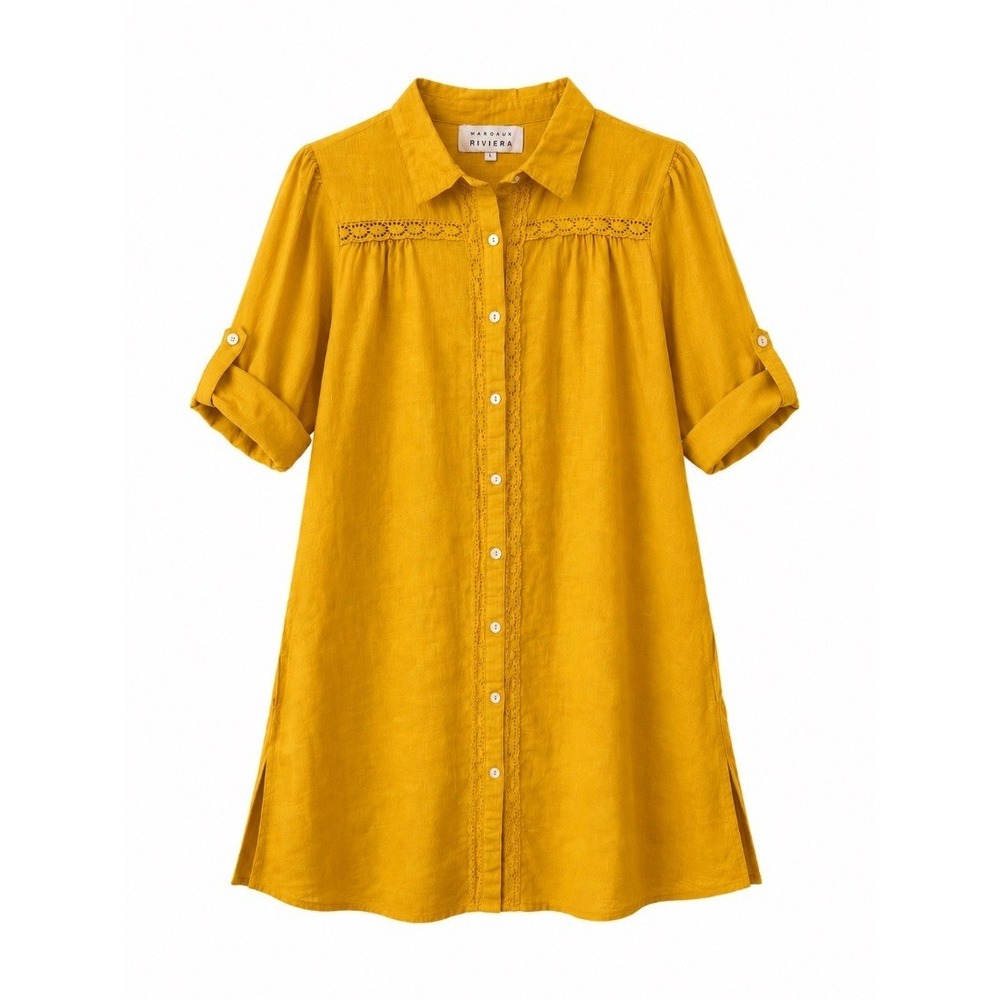 Margaux Riviera Womens Mustard Yellow Cotton Shirt‎ Dress Lace Trim L
